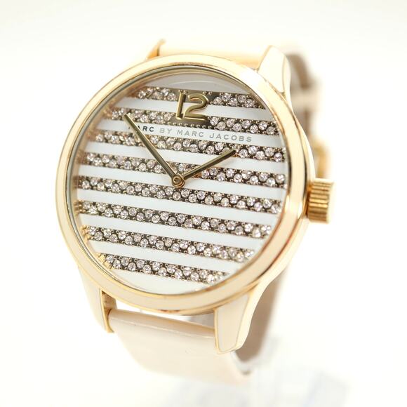 Marc Jacobs Lidia Stripe Gold Tone White 40mm Glitz Womens Watch w New Battery main image 5
